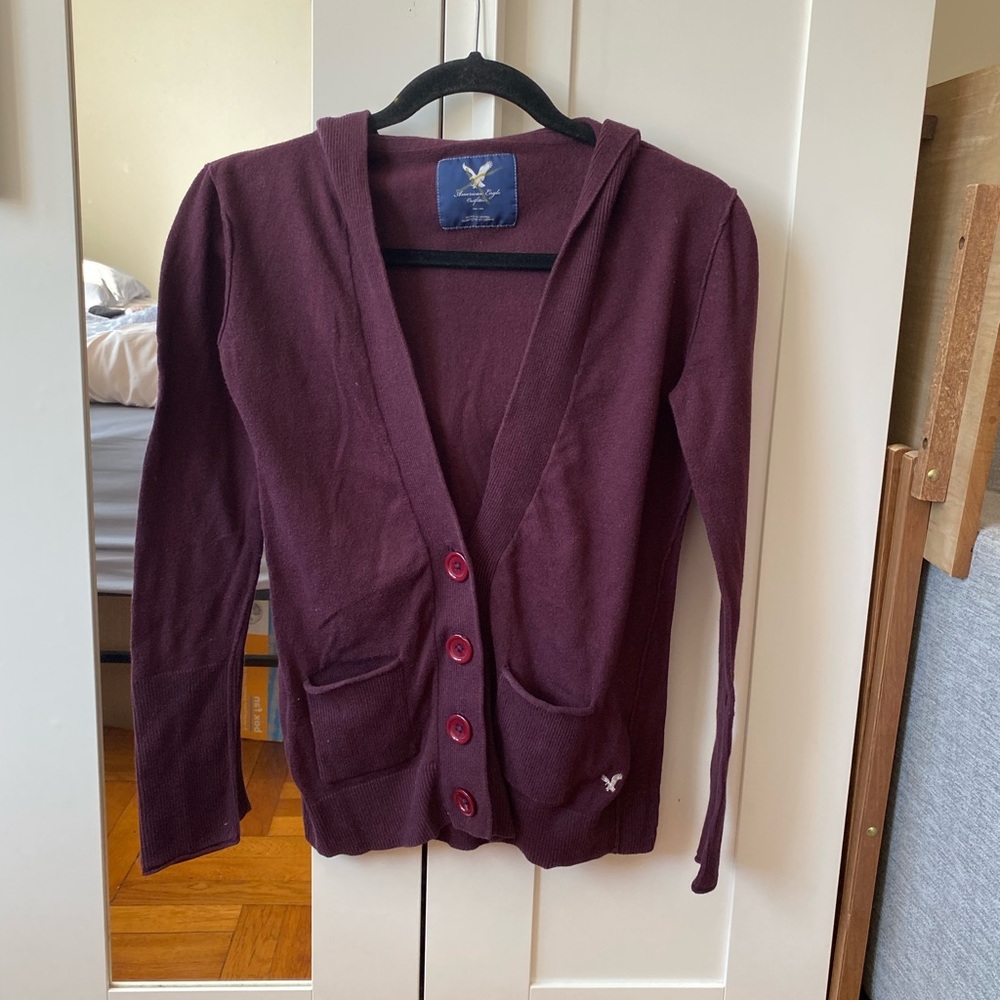 American Eagle Outfitters Burgundy Knit Hooded Cardigan - Size M